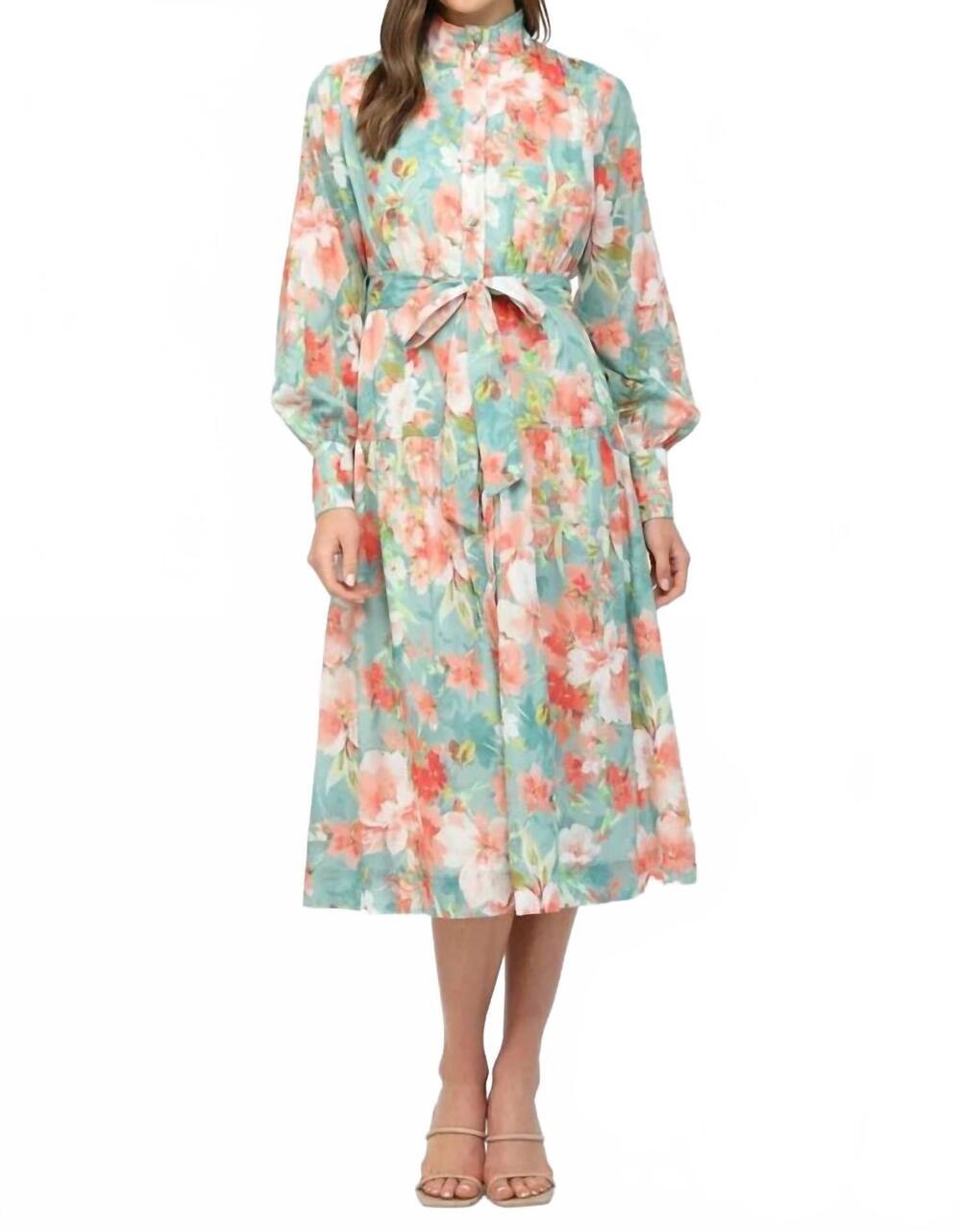 NEW FATE tie waist button up dress in seafoam